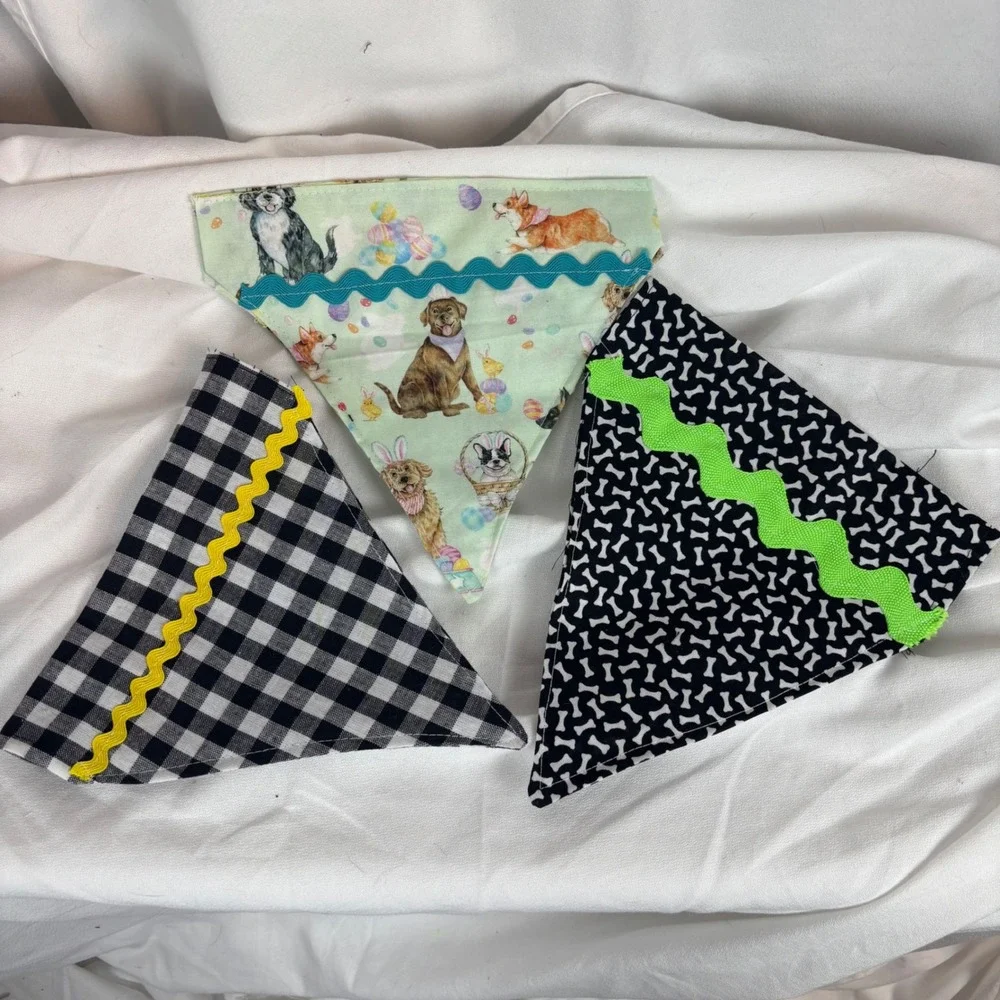 Handmade Dog Bandana Set of 3 Easter Dogs Buffalo Plaid Bone Print Rickrack Trim